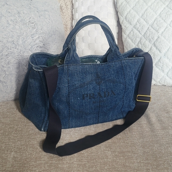 PRADA CANAPA AVIO DENIM LARGE SIZE TOTE, WITH STRAP... AUTHENTIC W/CARD... - Picture 1 of 16